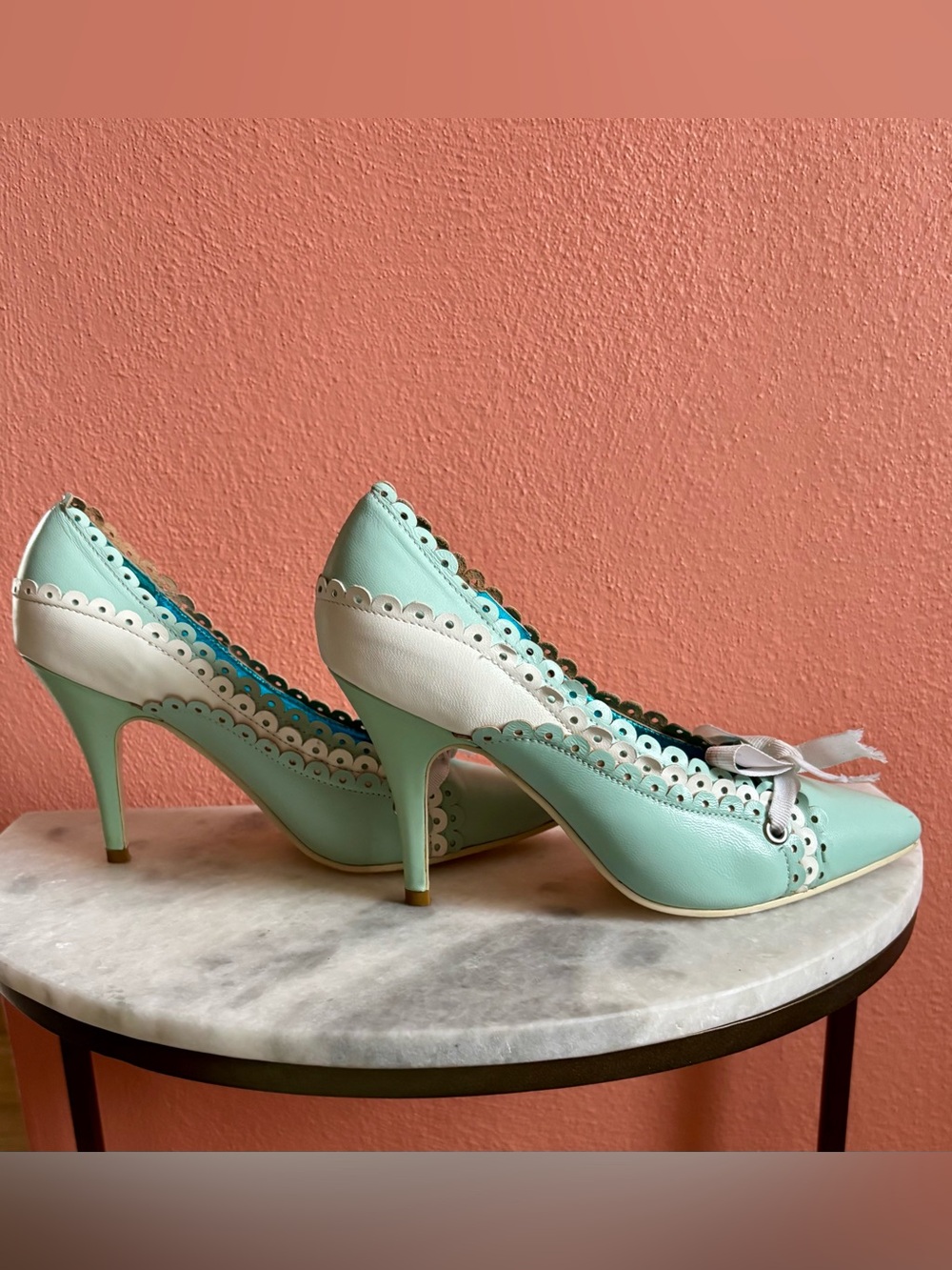 Irregular Choice Mint and White Scalloped Pumps with Bow